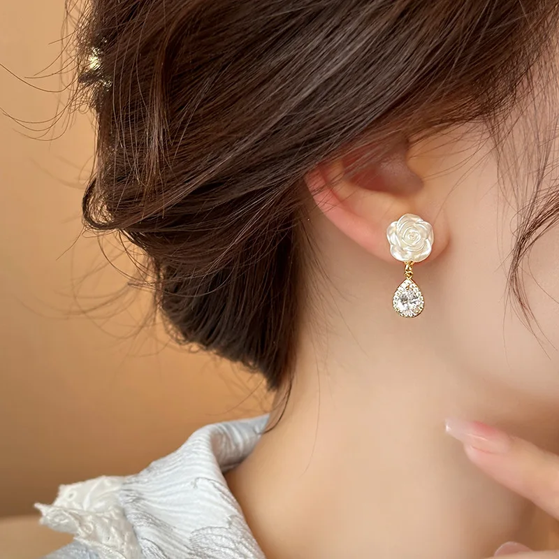 Wholesale Exquisite Earrings S925 Silver Needle Waterdrop Crystal Camellia Shaped Pendant Earrings for Girls