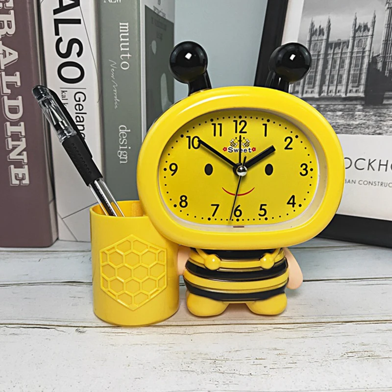 Cartoon alarm clock children learning with pen holder desktop clock jumping seconds yellow alarm clock