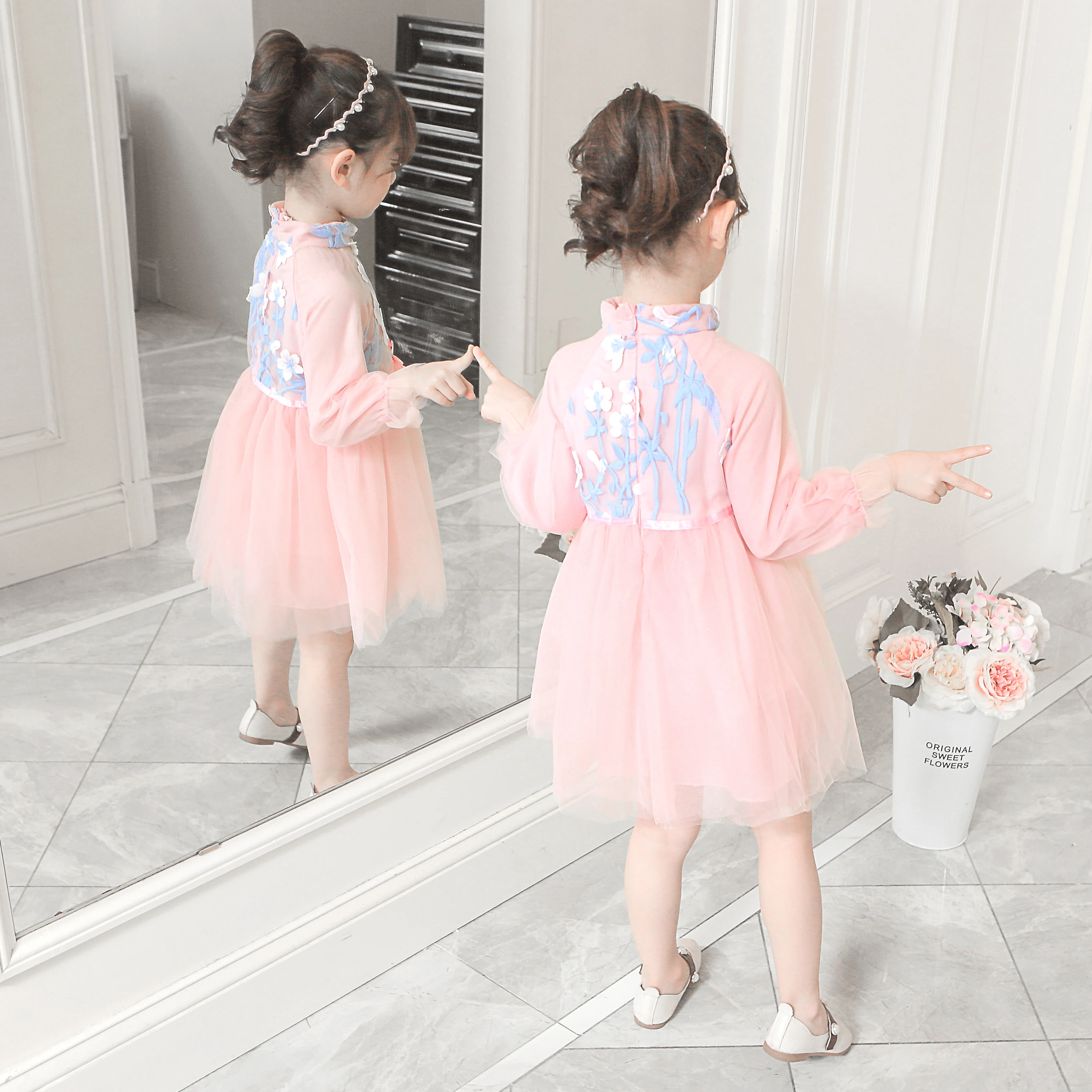 wholesale price Chinese style long sleeve pink flower girl vintage dresses