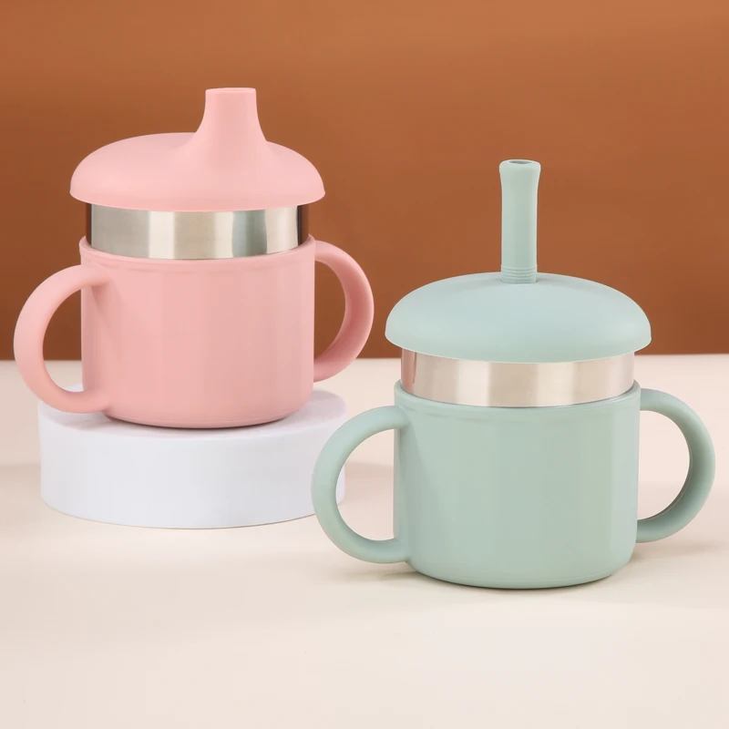 Food Grade Silicone BPA Free Non Spill Silicone 304 Stainless Steel Water Cup Baby Sippy Cup Baby Straw Cup