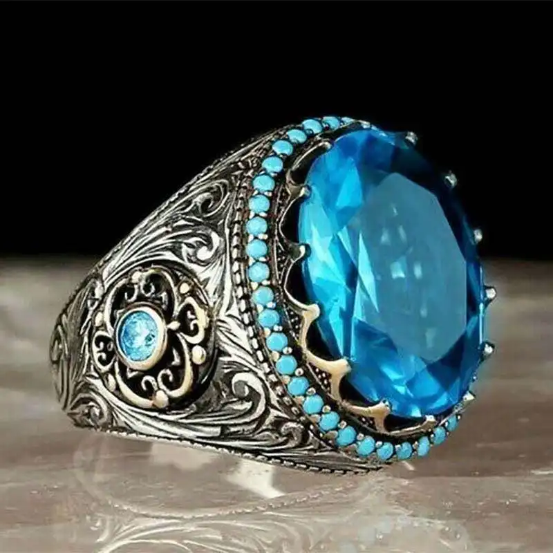 Jewelry Accessory Gift Rings Crystal Agate Ring Stone Silver Alloy New Fine Vintage Personality Retro Natural for Man Black 10g