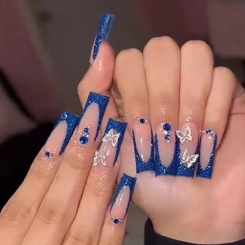Pretty Blue Press On Nails Artificial Fingernails Soft Gel 100% Hand Made Artificial Fingernails French Tip Press On Nails