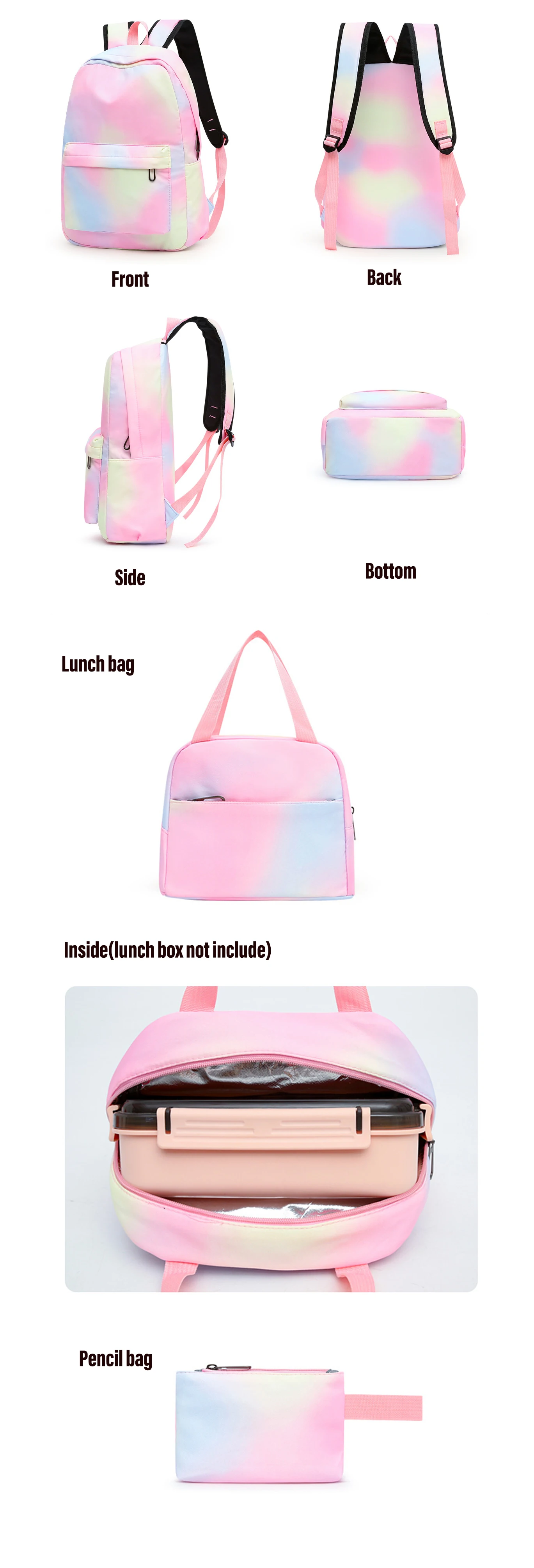 3pcs Set Girls OEM Waterproof School Backpack Lunch and Pencil Bag Included Oxford Style for Teenage Women Polyester Colorful