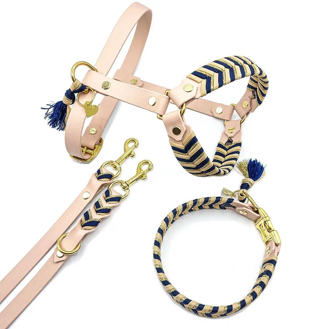 Hundegeschirr Luxury Custom Design PU Small Pet Vegan Leather Paracord Dog Harness Large Leash &Collar Set