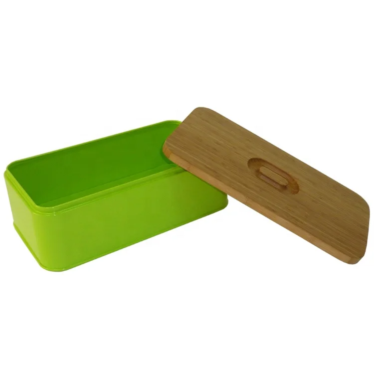 Vintage Design Rectangular Color Coated Steel Bread Storage Box with Bamboo/ Wood Lid Metal Bin