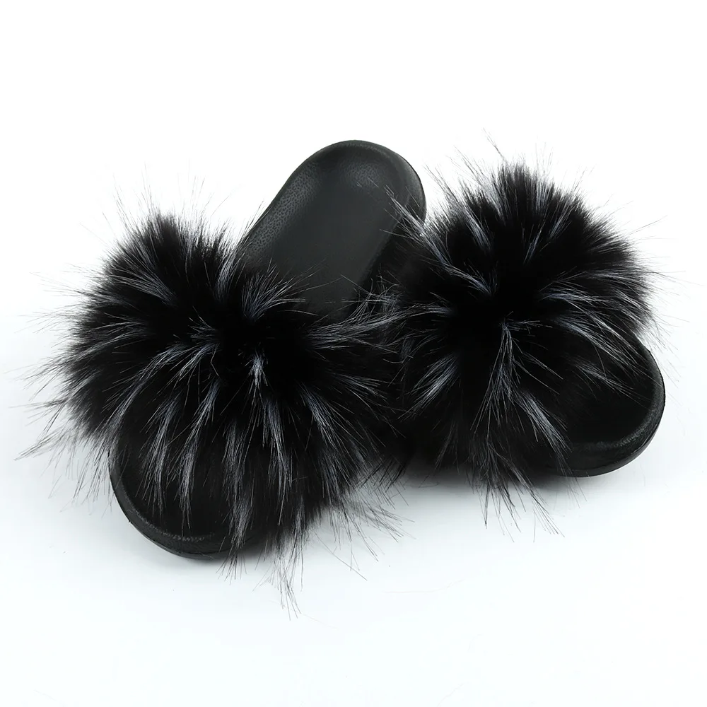 Ladies fur slippers slides/custom faux furry slides slippers/wholesale faux fox fur slides