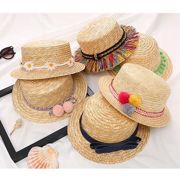 wholesale custom design women men children girls boys summer beach travel flat top wheat straw hat natural color hats