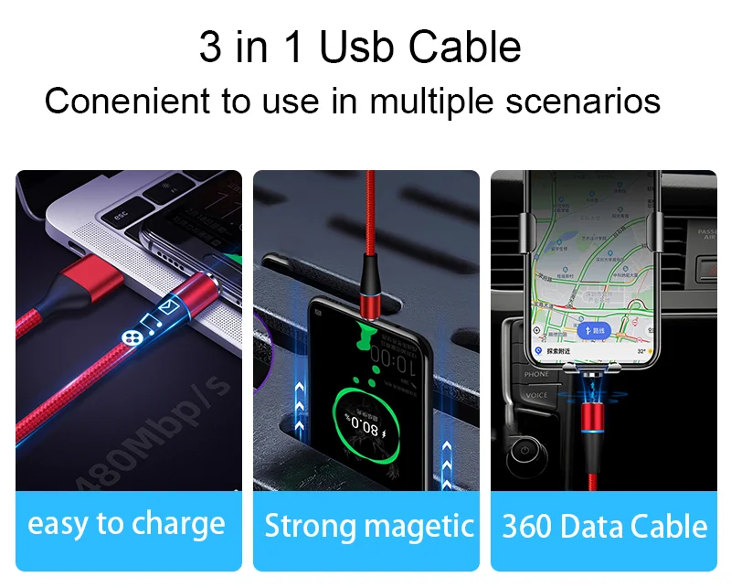  Нейлоновый Плетеный Магнитный 3 в 1 usb c к зарядному устройству Micro USB-C 360 градусов 3A 5A кабель для быстрой зарядки мобильного