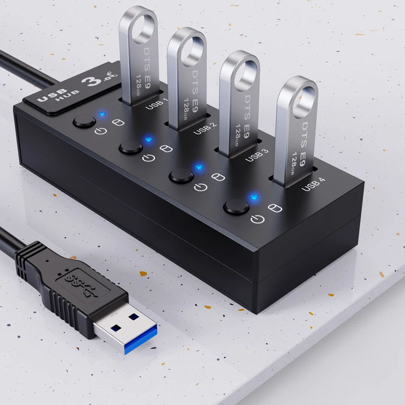On/Off Switch and Power LED 4-in-1 USB 3.0 Splitter 5Gbps Speed 4-Port USB HUB 3.0 Rohs in Stock for Flash Drive, HDD, Printer