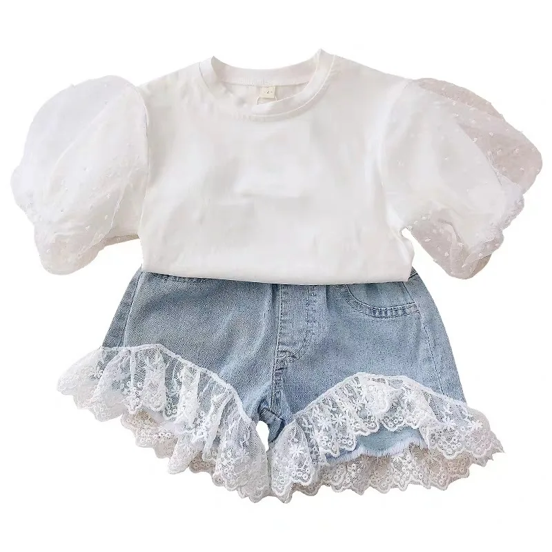 
Nice girls outfits Toddler Girl Clothing set Infant tulle sleeve solid t shirt and denim short set Toddler girls Outfits set 