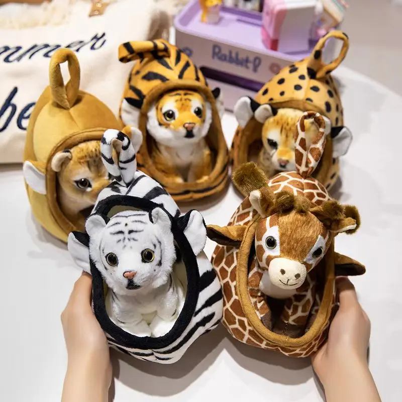 Simulation Tiger lion Leopard Giraffe Dog Plush Toy Soft Wild Animal Forest With Nest Plush Toys For Claw Machine Crane Game
