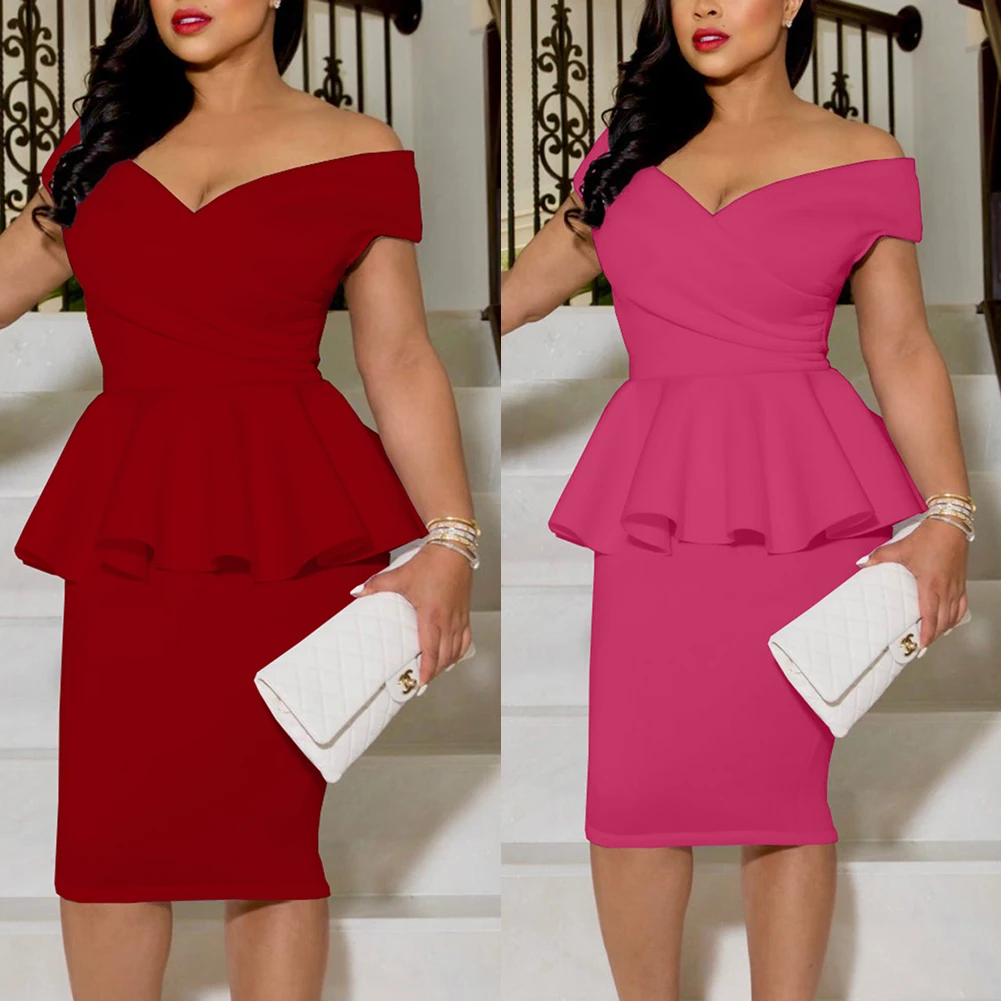 Off Shoulder Bodycon Dress Women Ruffle V Neck Ladies Pink Peplum Dress