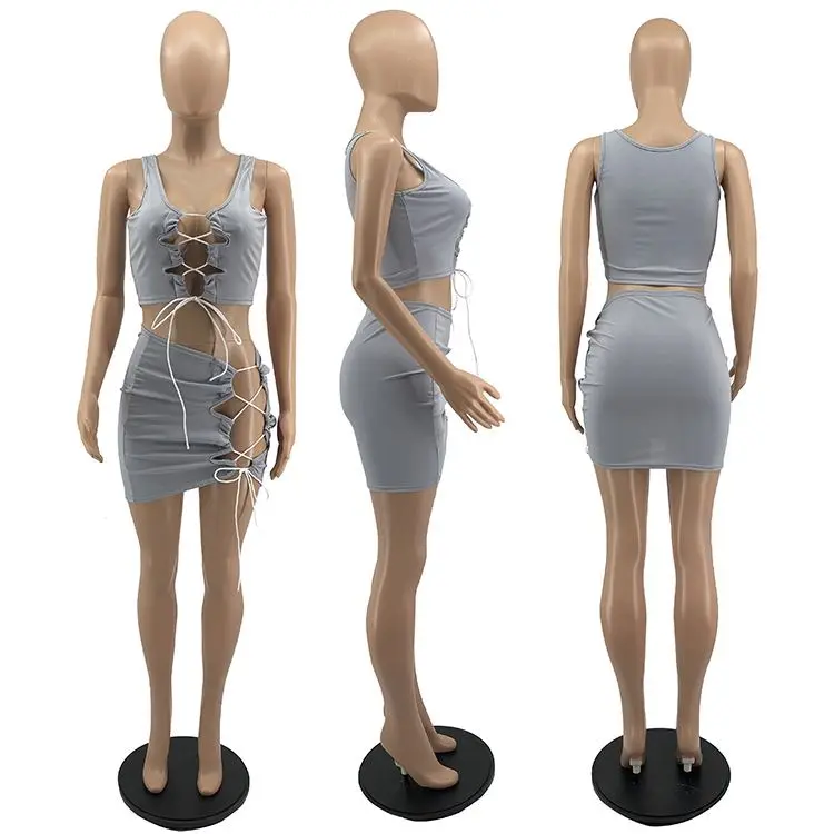 New Arrival Suspender Lacing Summer Popular Women 2 Piece Sets Womens Two piece Skirt Set