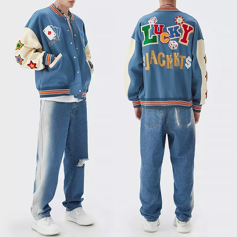 2023 Hot Sale OEM Baseball Letterman College Leather Bomber Jacket Men Patch Pocket Winter Terylene Jacket For Men