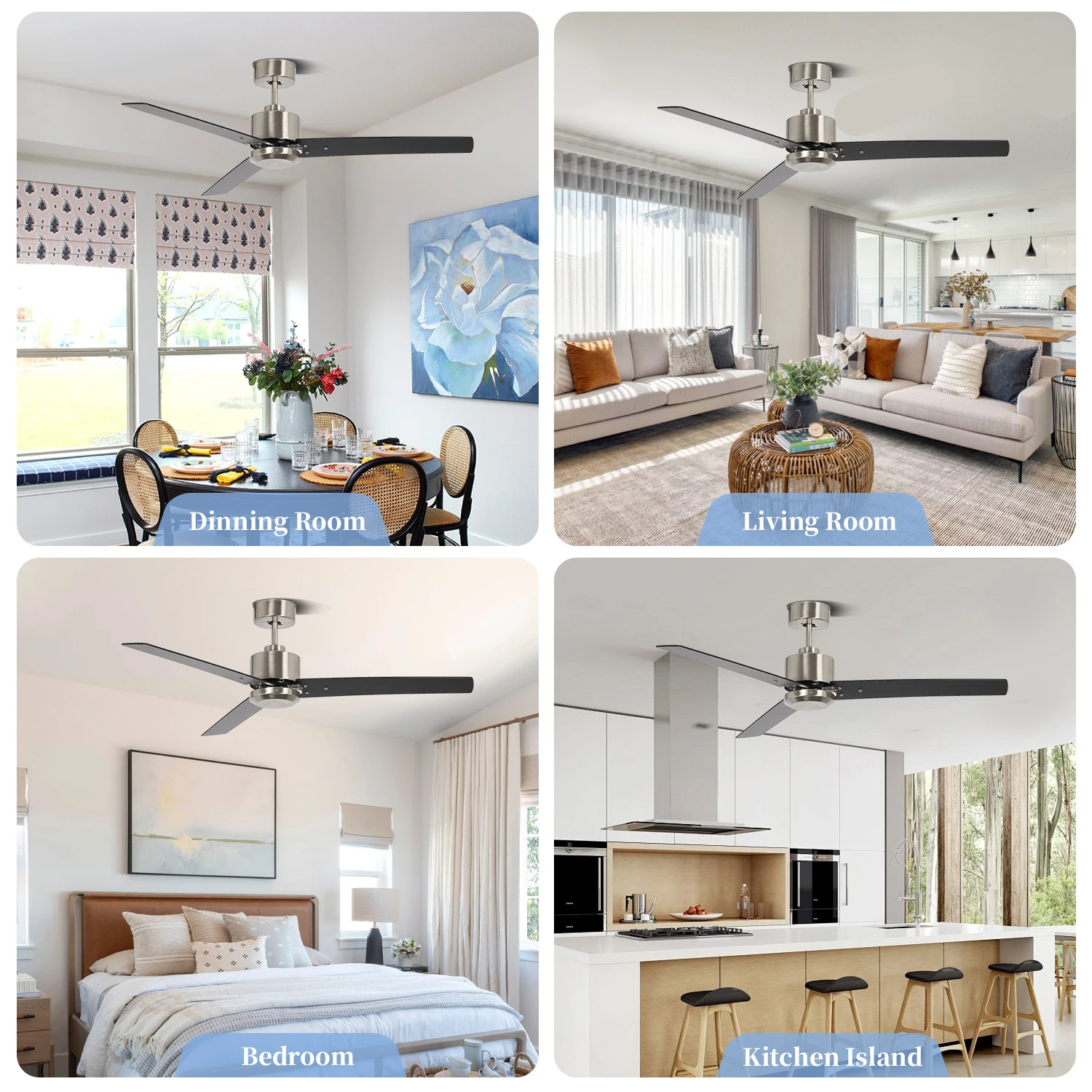 Most Popular 52 Inch Plywood 3 Black Blade High Speed Home  Modern Decorative Stainless Steel Ceiling Fan