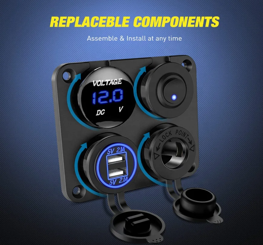 Car Modification USB Voltmeter Marine Caravan Ambulance Charging 4-in-1 Hole Panel RV Use Dual USB Power Socket