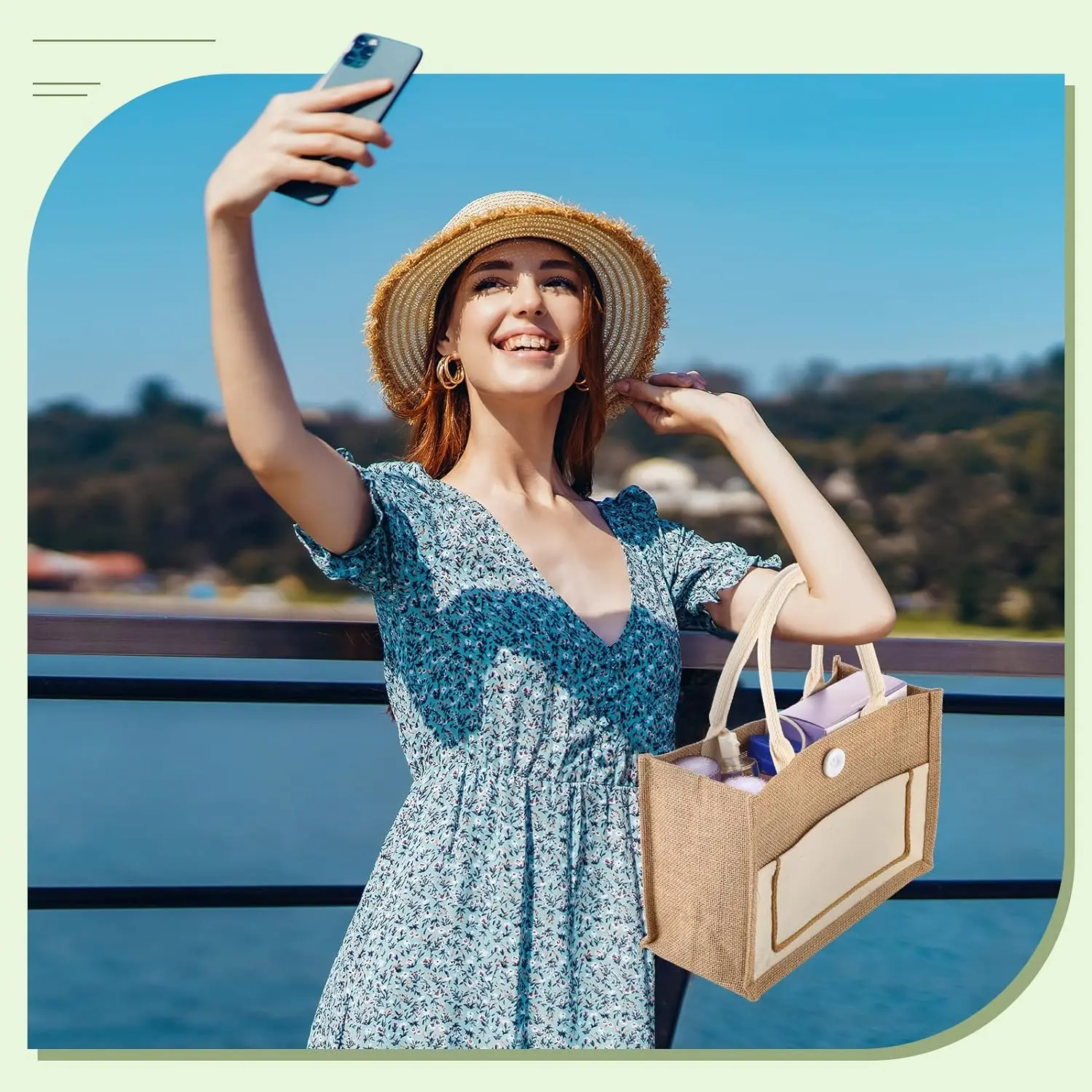 Fine workmanship Yellow natural white Front pocket Button design Wide bottom Gift wedding bridal journey jute tote bag