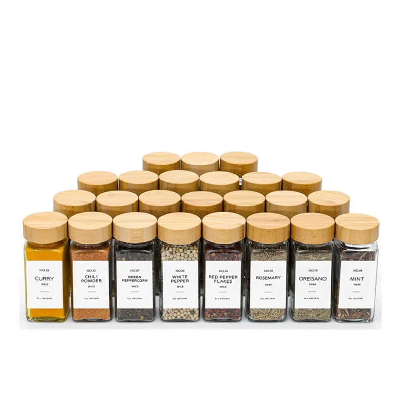 Wood Lid Spice Jars Herb and Spice Containers Seasoning Bottles 4 oz square Glass Spice Jars with Wooden Bamboo Lid Set