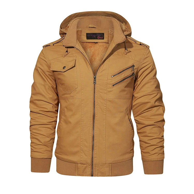 Custom logo men warm Plush lining bomber jacket vintage zip up canvas jackets coats with hood