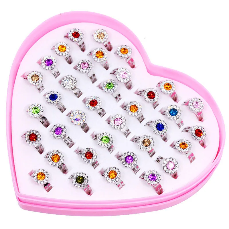 Plastic Cute Cartoon Gift Round Flower Rings for Girls Children Jewelry Crystal Zircon Ring for Kids Gift
