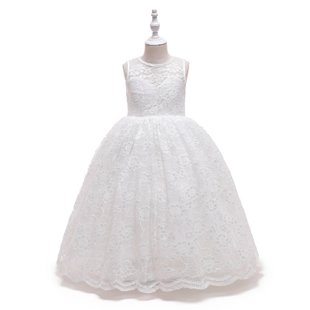 White Vintage Sleeveless Lace Children Girls Flower Party Princess Dresses