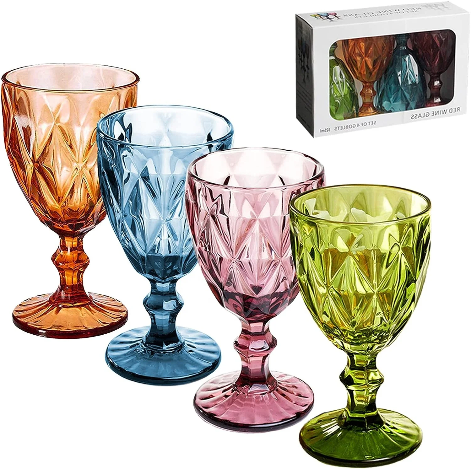 Vintage Wine Glasses Set of 6 330ml 12 Ounce Colored Water Goblets Unique Embossed Pattern Unbreakable Stemmed Glassware High Cl