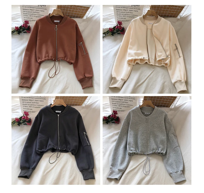 Winter Korean style hem drawstring tie round neck zipper  pullover bubble sleeve solid color crop top jacket