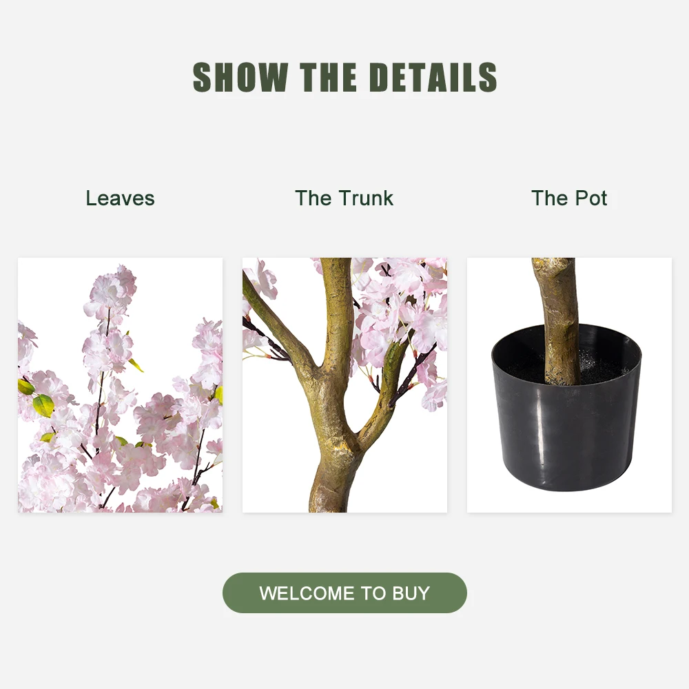 6.5ft Tall Faked Pink Sakura Floral Plant in Plastic Black Pot Artificial Cherry Blossom Flower Tree for Wedding Decor