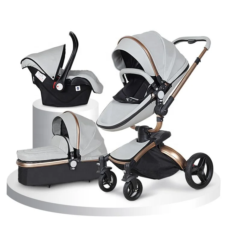 Factory Direct Luxury Baby Pram 3 in 1    PU Leather 360 Degree Baby Pushchair 3 in 1 Travelling  European Stroller 2 in 1