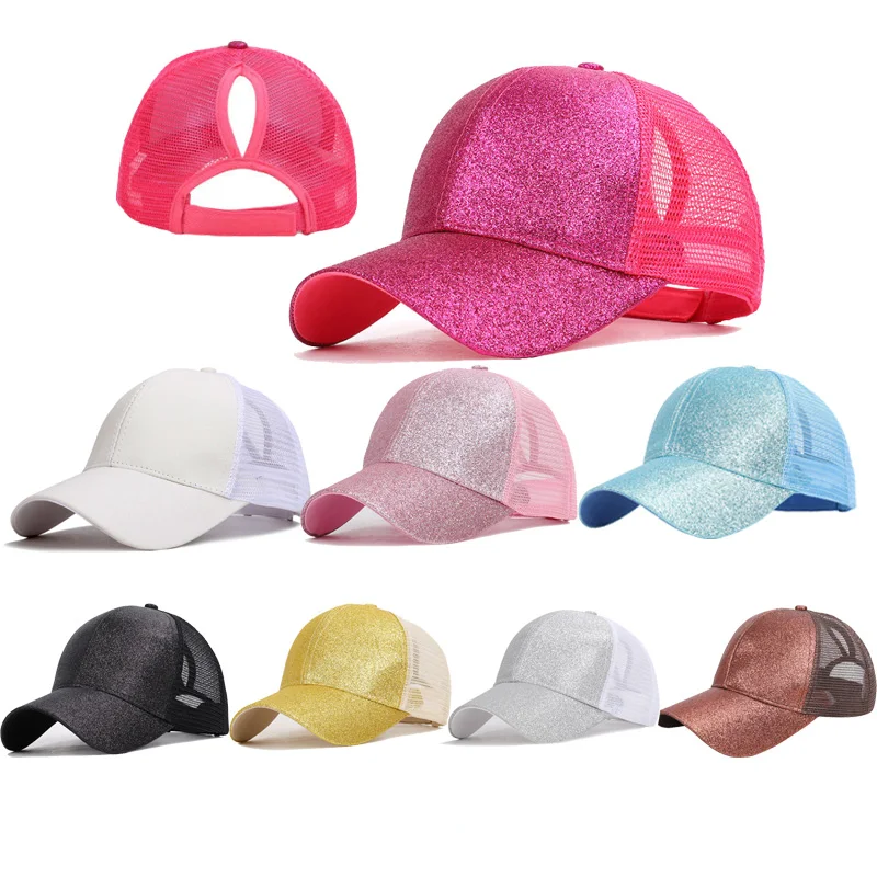 High Opening Sparkle Gold Ponytail Hat Glitter Mesh Trucker Cap With Pony Tail Hole For Women