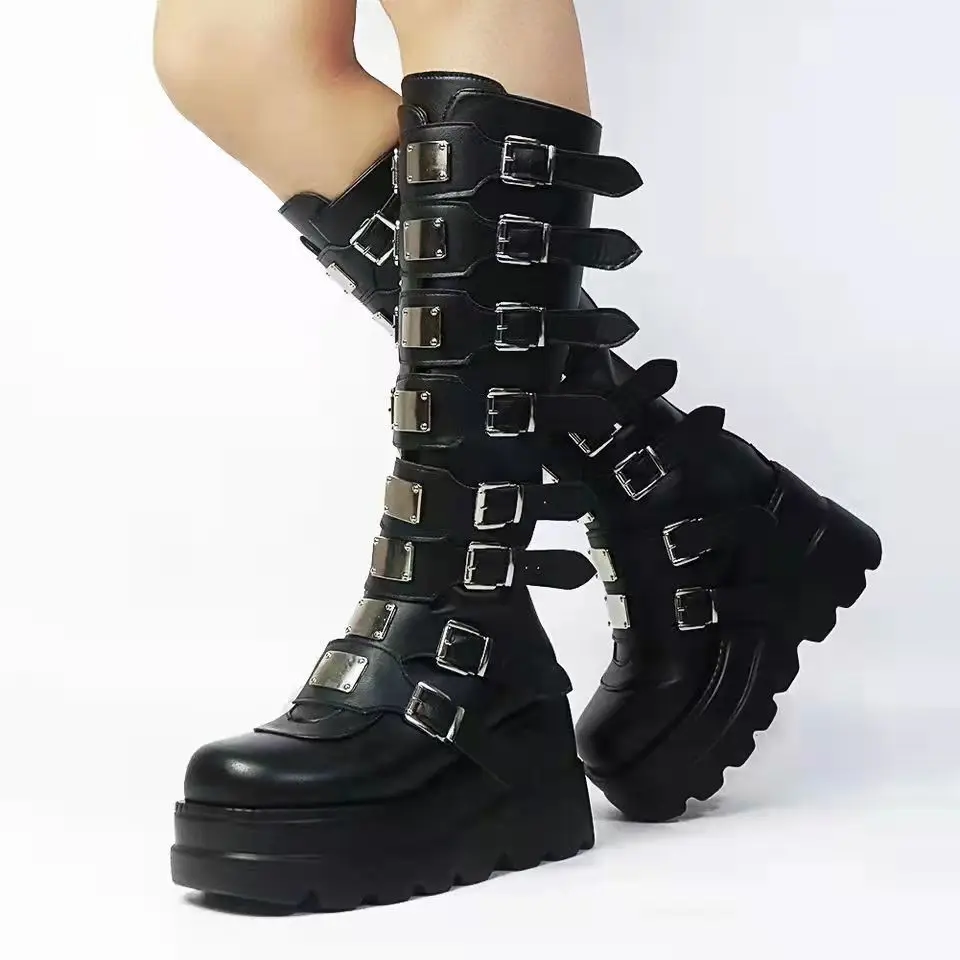New Fashion Spring Autumn Knee High Wedges Chunky Platform Comfy Walking Gothic Style Women Shoes High Women Boots