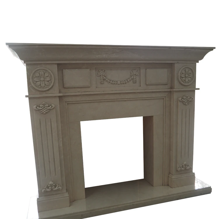 Hand carved beige  marble fireplace house decoration