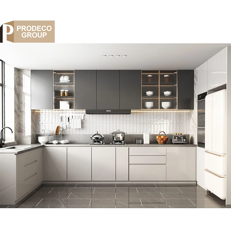 Prodeco Furniture Nigeria MDF High Gloss Lacquer Price Modern Kitchen Cabinet with Handles and Grey Black Doors for Project