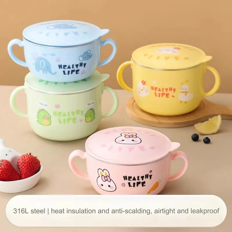 New Design  480ml/680ml Color Print Double Layer Unbreakable Stainless Steel Bowl Cartoon Eco-Friendly Metal Bowl Set