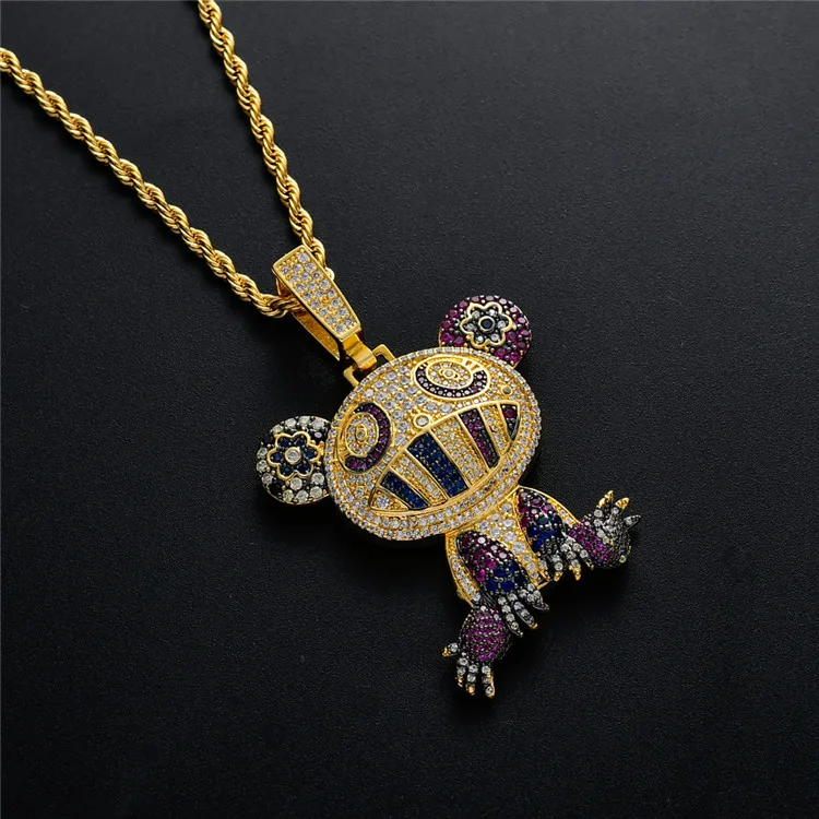 
Hiphop Jewelry Rock Style Brass CZ Colorful Frog Pendants With Cubic Zirconia Rope Chain Animal bling Necklace Men And Women 
