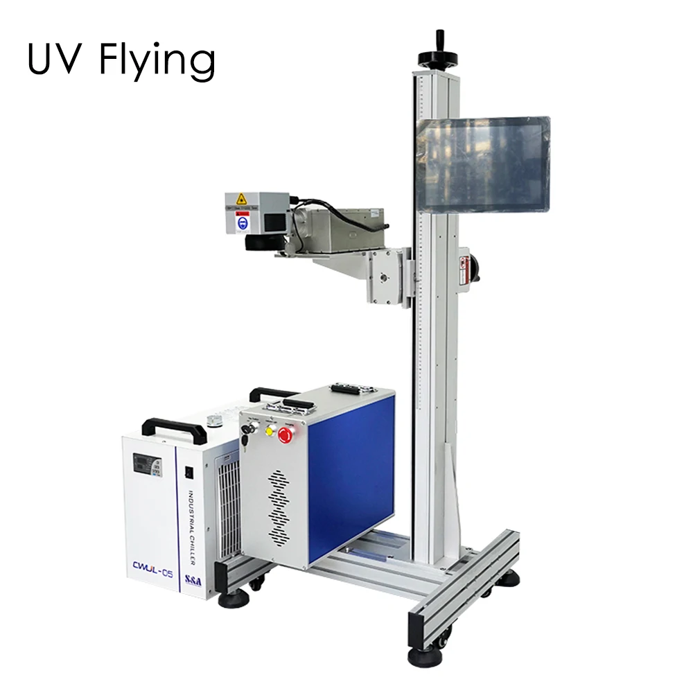 Flying UV 3W 5W 10W CE high speed auto focus plastic bags glass water bottle engraving jpt water cooled laser marking machine