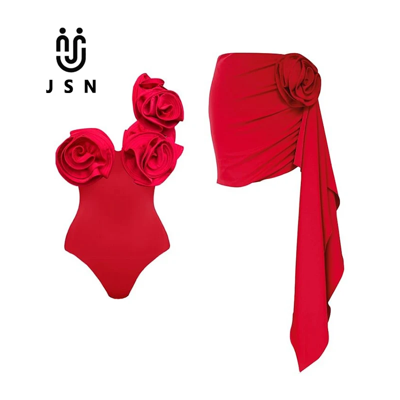 JSN  3D Flower One Piece Swimsuit and Skirt Swimwear Women Push Up Bodysuit Monokini High Leg Swim Suit Bathing Suit Beachwear