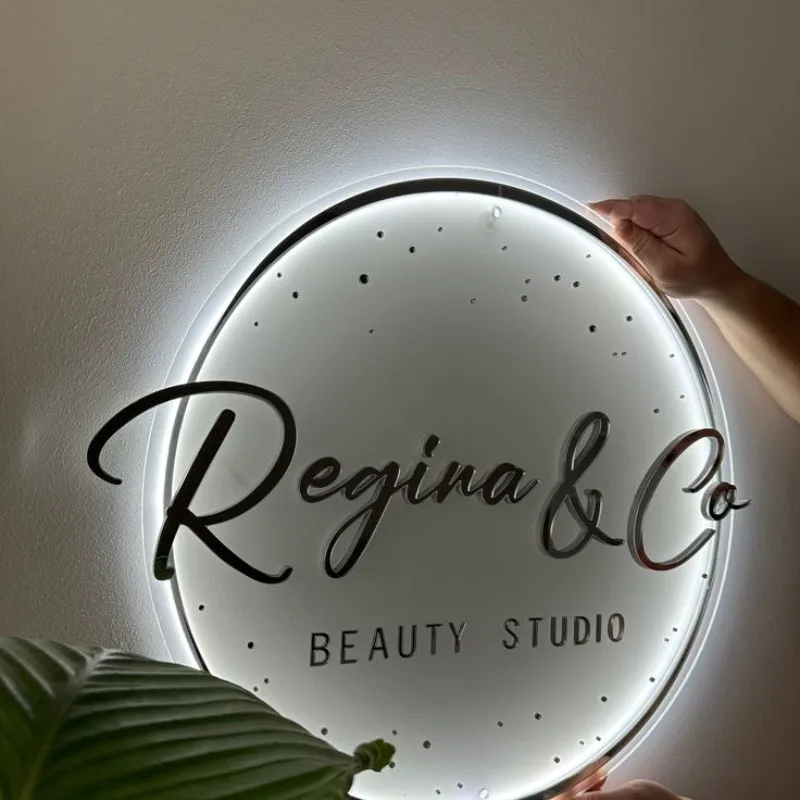 Acrylic Salon Sign Business Name Illuminated Sign Gold Mirror 3D Logo Type