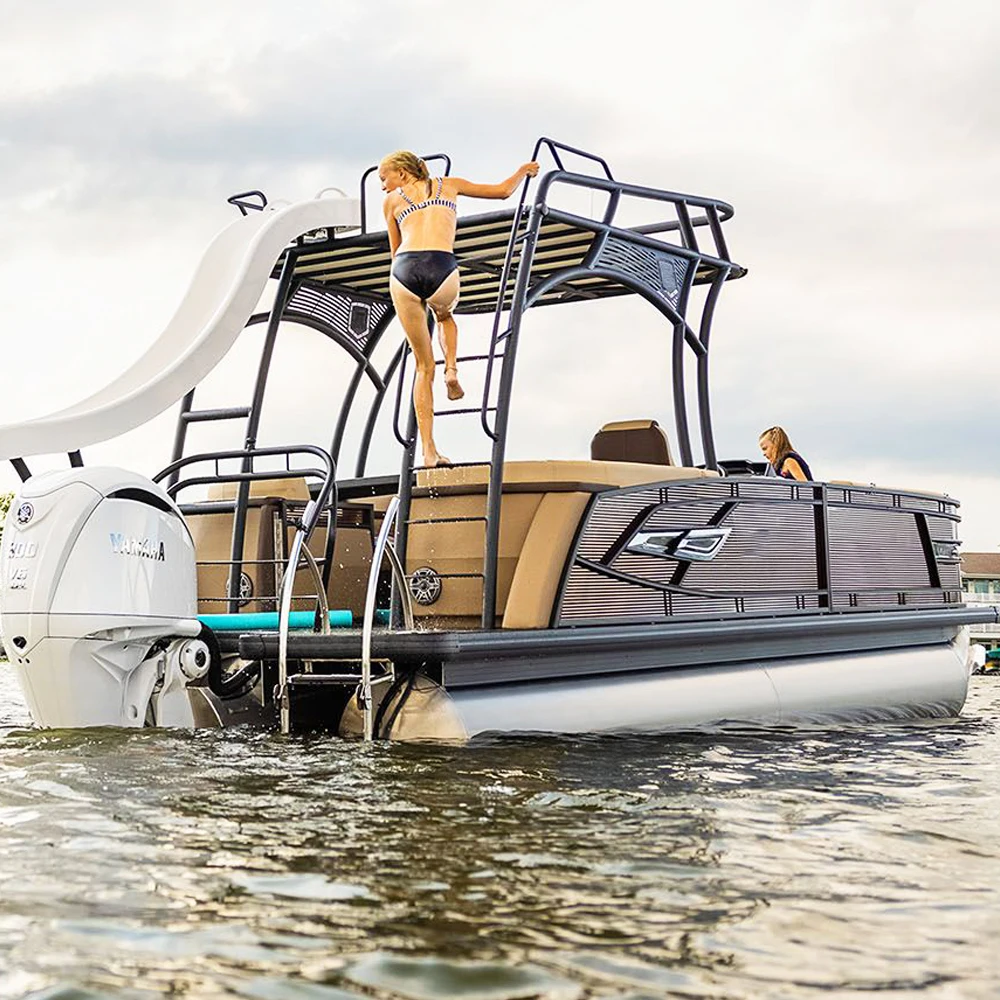 36FT Double Decker Luxury Aluminium Pontoon Boat with Water Slide Outboard Engine Aluminum Hull