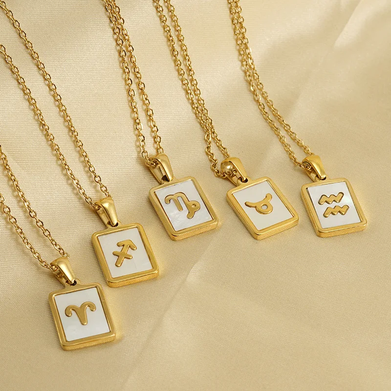 18K Gold Plated White Natural Shell Snake Chain Necklace Stainless Steel 12 Zodiac Pendant Horoscope Constellations Necklace