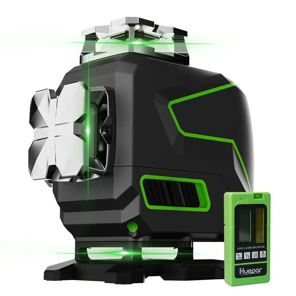 Huepar Cross Beam Laser Level Package S04CG-5RG Green Line Laser Level 360 Outdoor