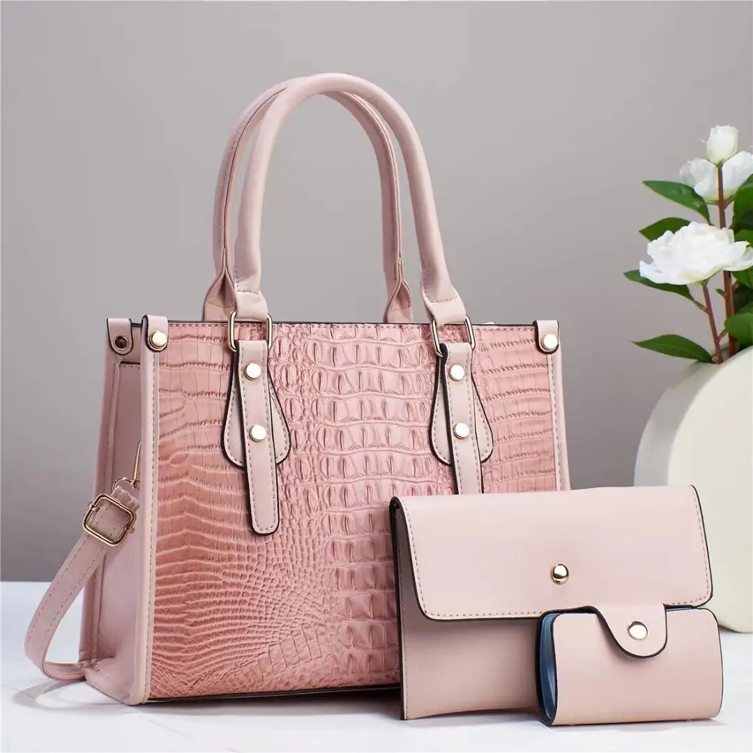 New Design Ladies Crocodile Pattern Handbag Large Capacity Tote Bags 3 pcs Handbag Set For Women