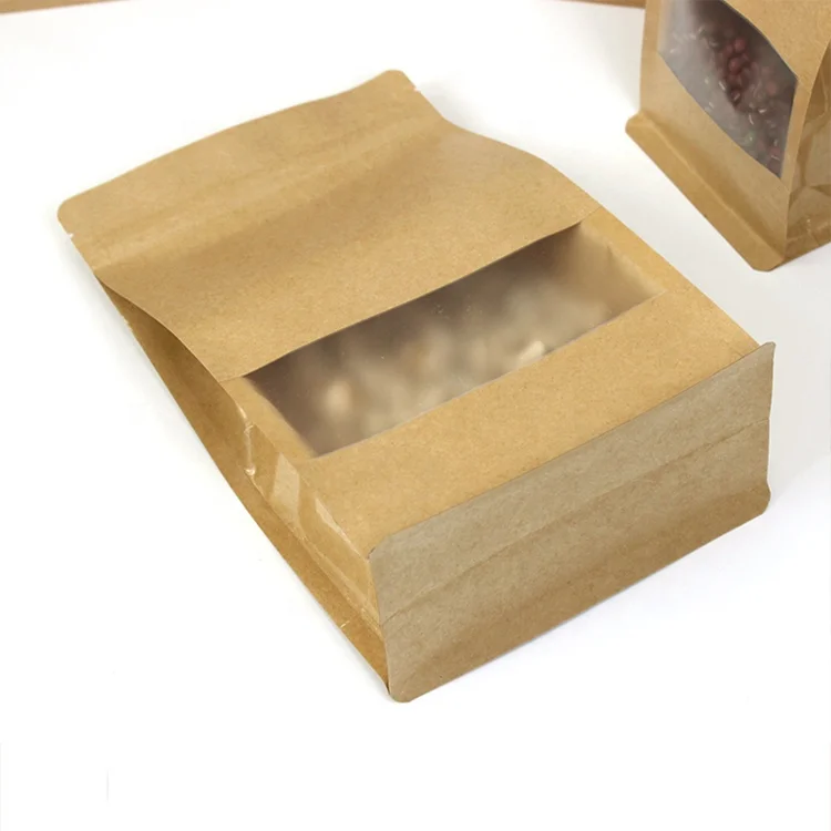 POLYSMARTS High Quality Flat Bottom Kraft Paper Bag Zipper Paper Pouch Food Packaging Pouch With Window Kraft Paper Food Bag