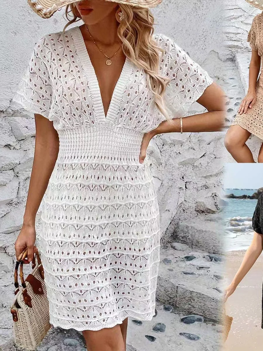 European and American Wavy Pattern Latex Knitted Deep V-Neck Beach Skirt Adult Size Hollow Elastic Waist Hot Swim Cover