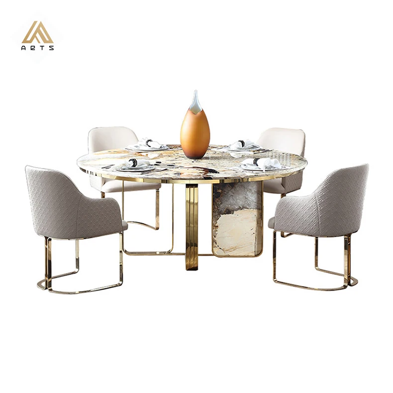 Italian luxury dining room furniture round marble  top stainless steell leg  dining  table set 8 seat villas dining table