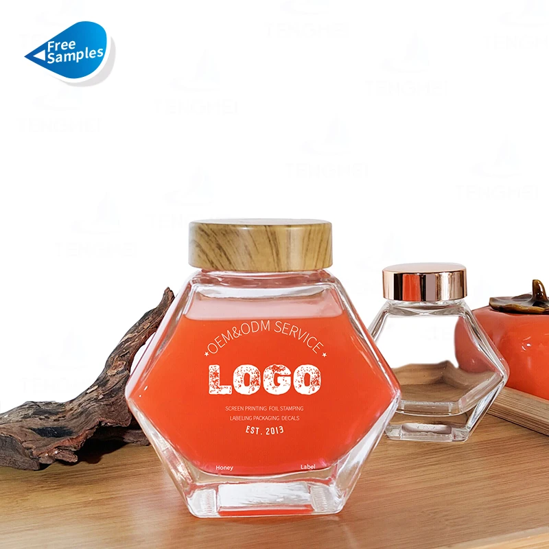 Hexagon Thick Clear 100ml 200ml 300ml Glass Jars Hexagonal Honey Jam Food Containers with Metal Plastic Screw Lids