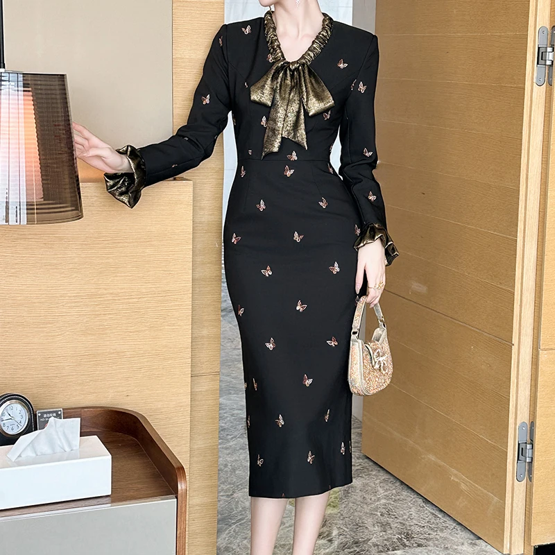 ZYHT 40675 Breathable Embroidery Butterfly Casual Dresses Pencil Black Long Sleeve Winter Midi Dress for Women