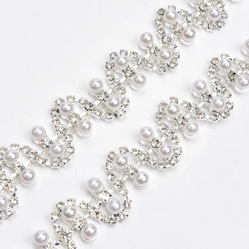 New 2Cm Wide Beautiful Pearl Rhinestone Trim Flatback Crystal Welded Code Chain Diy Wedding Dress Garment Collar Bag Accessories