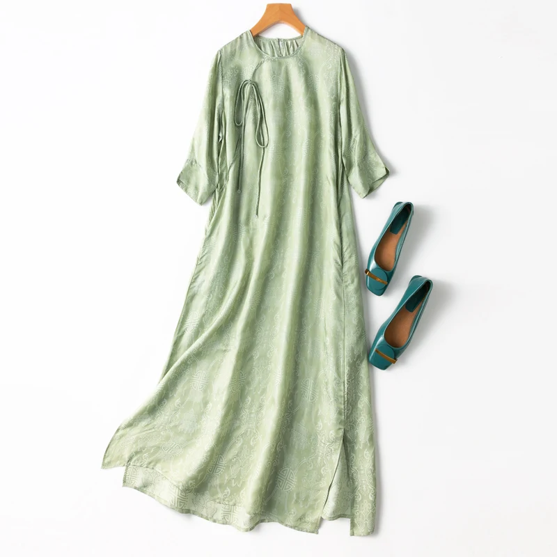 Birdtree Natural Silk Damask Dresses Women Round Collar Loose Jacquard Short Sleeve Midi Cheongsam Robe Dress Summer D36332JM