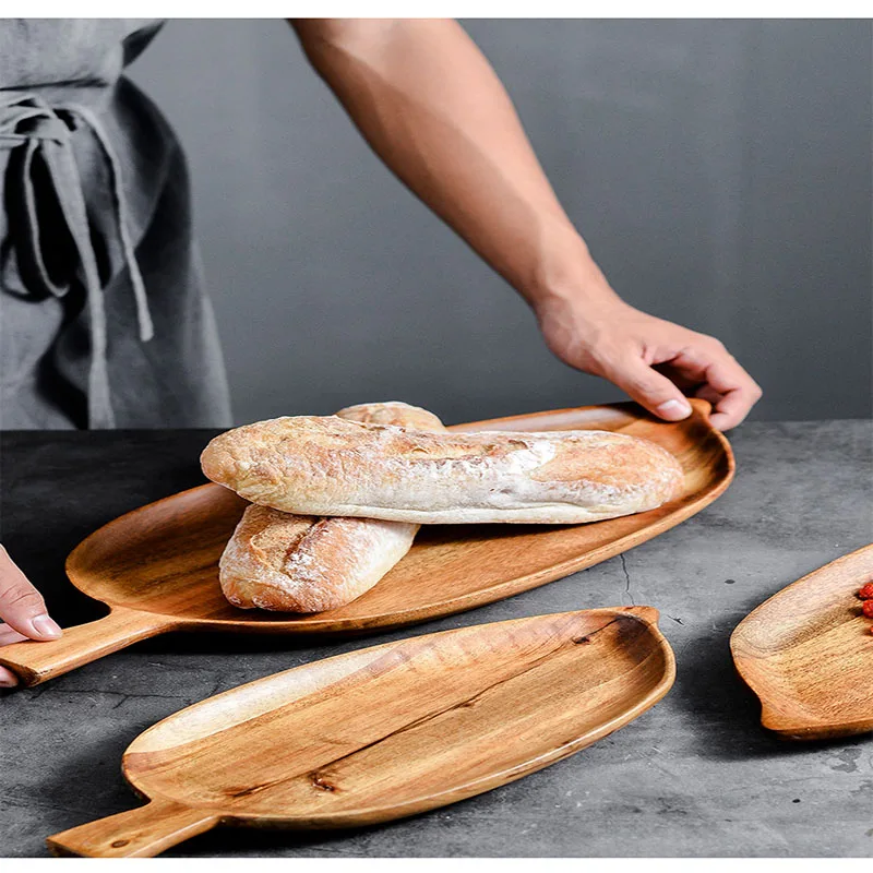 Acacia Wood Tray Creative Leaf Shaped Plate Wood Plate for Snack Fruit Bread Cake Dessert Plates for Home & Bathroom Decor